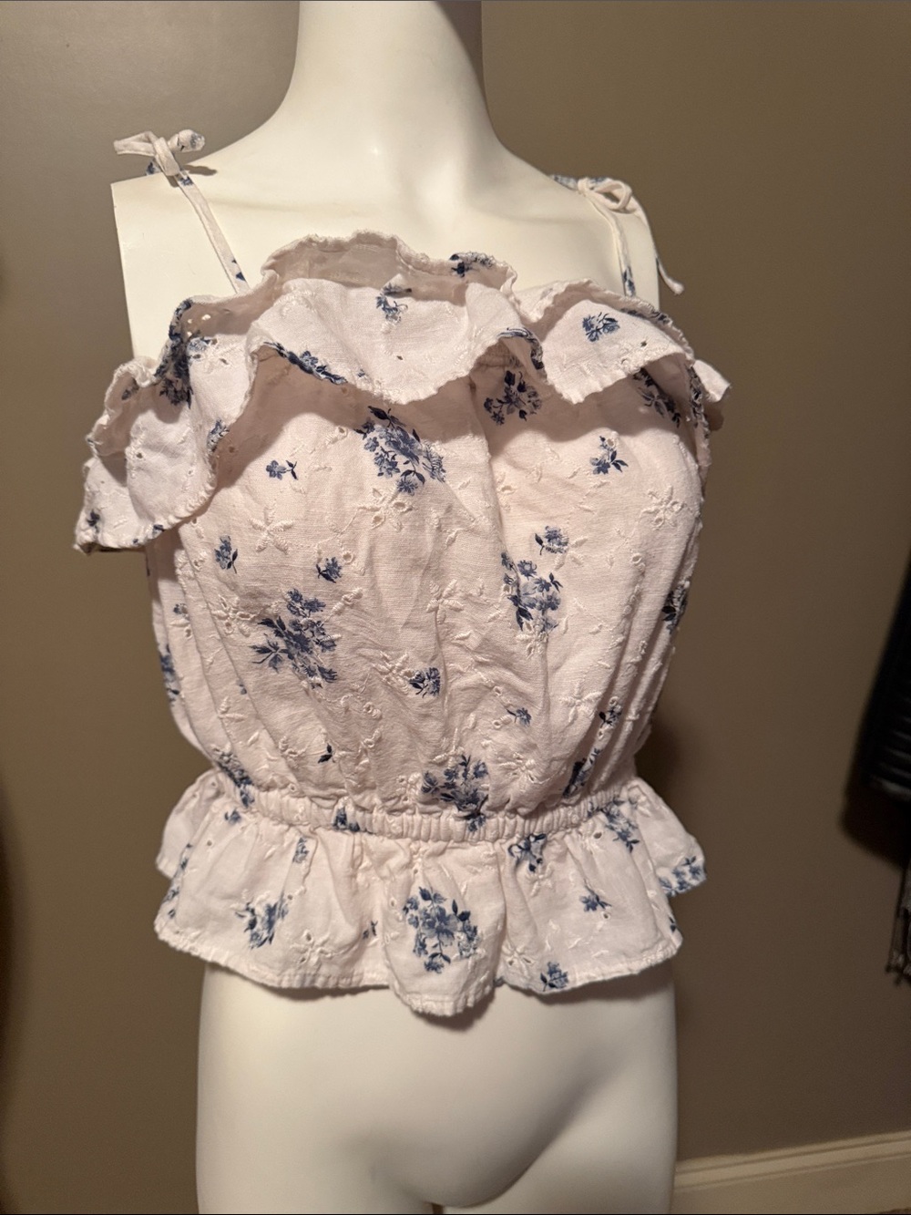 American Eagle Outfitters Pink Floral Ruffle Camisole with Blue Print